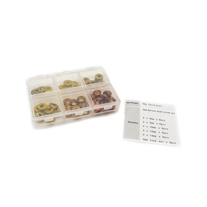 4mm sada podložek zlaté (6mm/8mm/10mm/12mm/14mm) plus M4 Matky v plastovém boxu