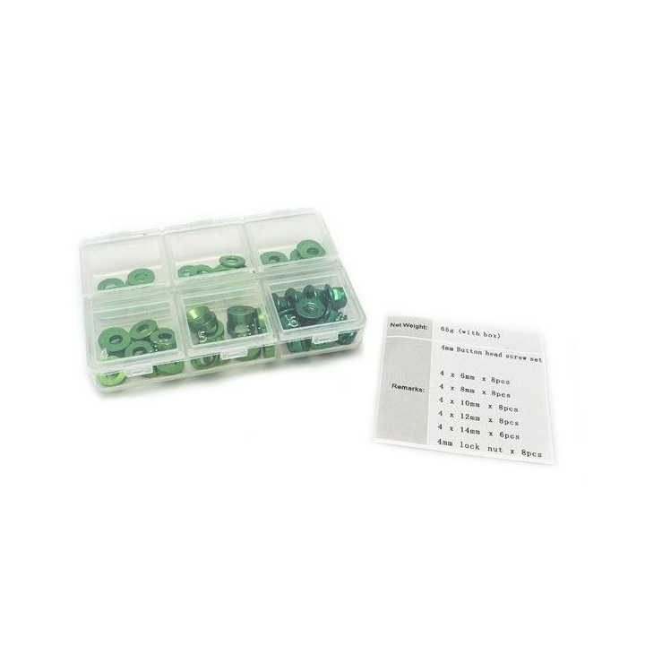 4mm sada podložek zelené(6mm/8mm/10mm/12mm/14mm) plus M4 Matky v plastovém boxu