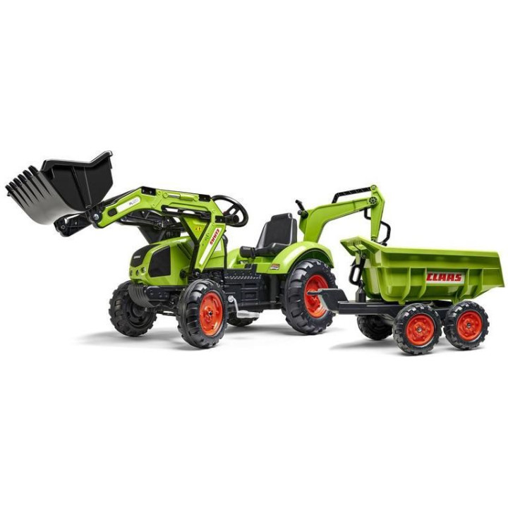 FALK - Šlapací traktor Claas Backhoe s nakladačem, rypadlem a Maxi vlečkou