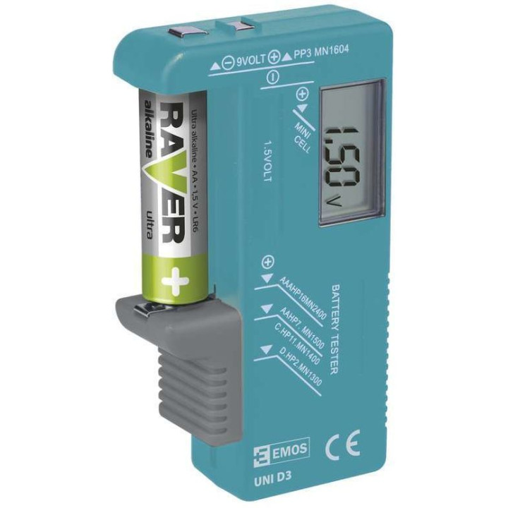  Univerzálny tester batérií ­ (AA, AAA, C, D, 9V, gombíkových)
