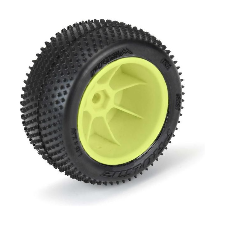 Pro-Line kolo 1:18, pneu Prism Carpet zadní, disk H8 žlutý (2) (Losi Mini-B)