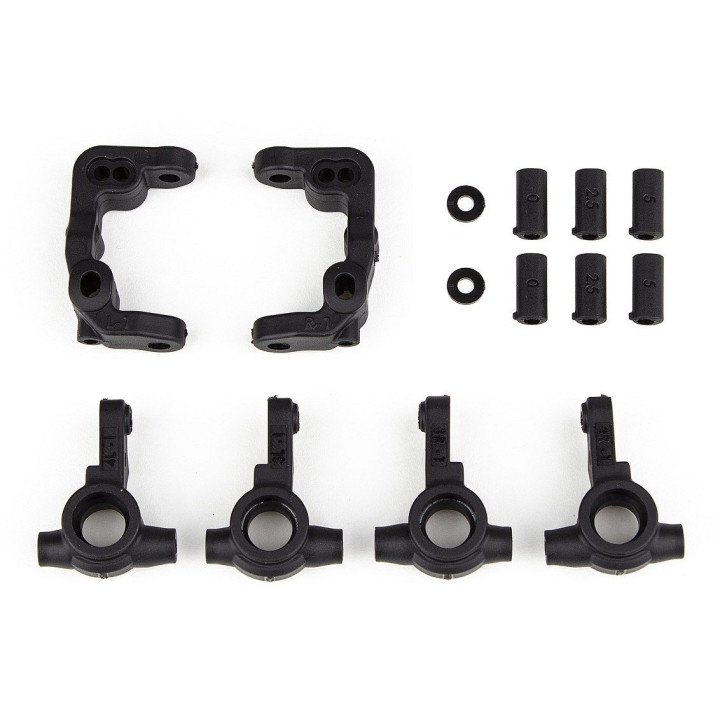 RC10B6.4 -1mm plastové náboje kol a přední držáky nábojů řízení včetně vložek, 2+2+2 ks.