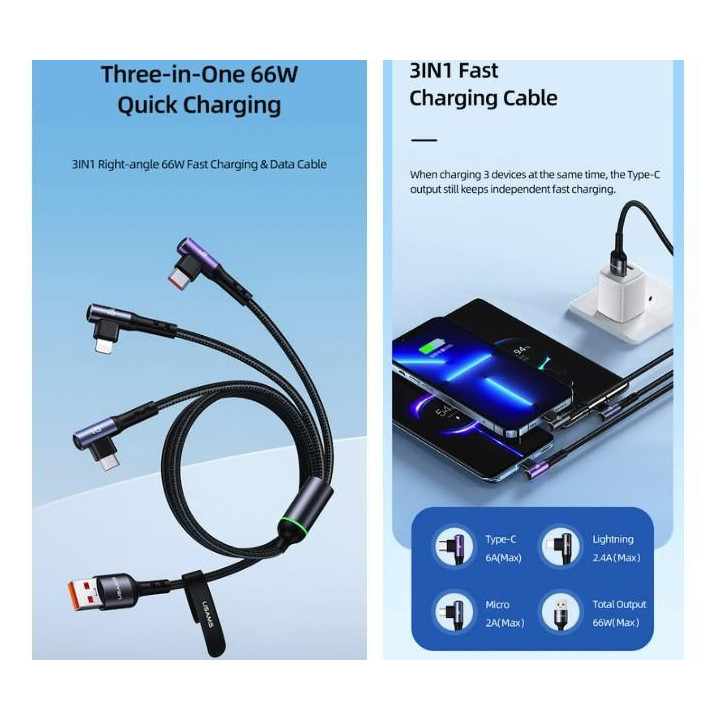 3in1 Right-angle 66W Fast Charging & Data Cable (L + C + M)