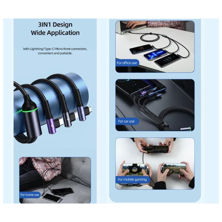 3in1 Right-angle 66W Fast Charging & Data Cable (L + C + M)