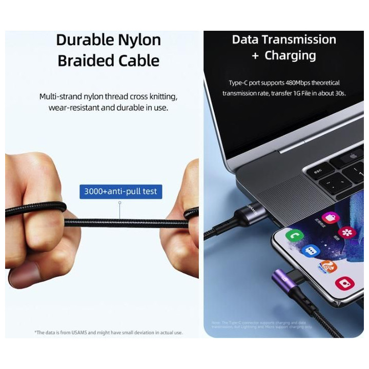 3in1 Right-angle 66W Fast Charging & Data Cable (L + C + M)