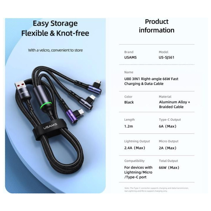 3in1 Right-angle 66W Fast Charging & Data Cable (L + C + M)