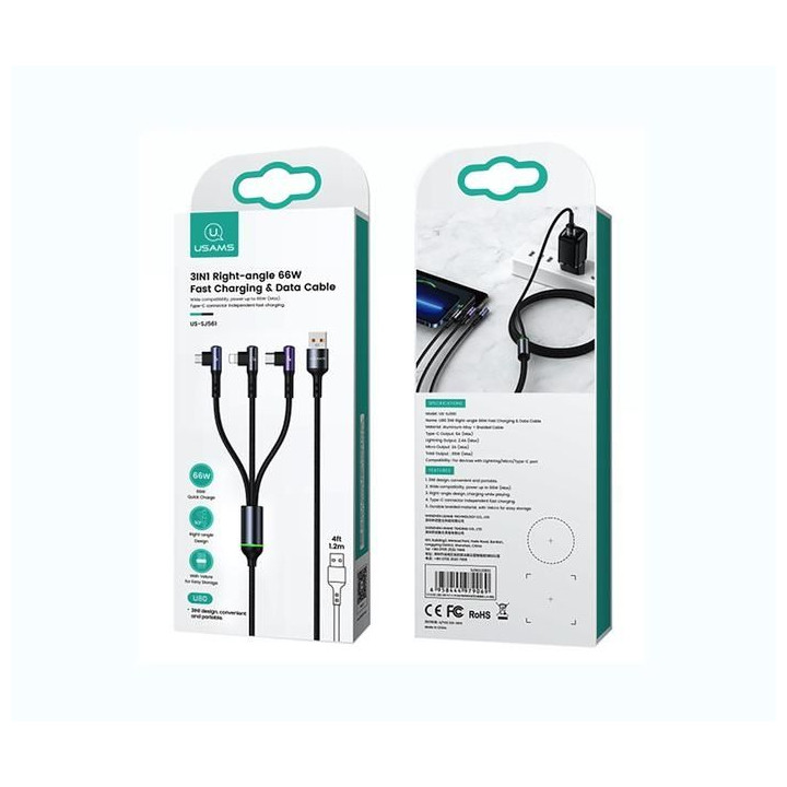 3in1 Right-angle 66W Fast Charging & Data Cable (L + C + M)