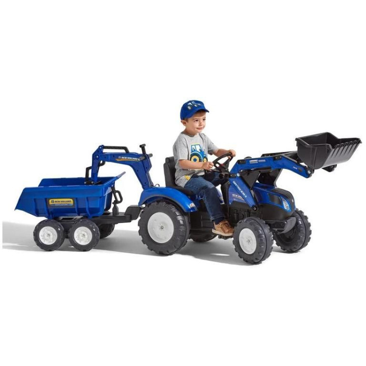 FALK - Šlapací traktor New Holland T8 s nakladačem, rypadlem a maxi vlečkou