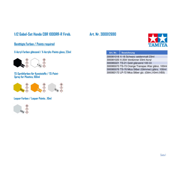 Tamiya 1:12 Front Fork Set CBR1000RR-R Fireblade SP