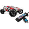 RC model truggy v měřítku 1:10 s pohonem všech kol 4x4, poháněný stejnosměrným motorem vč. RC volantové soupravy 2,4 GHz, 40A regulátoru, 6kg serva, 2000mAh Ni-MH pohonného akumulátoru a nabíječe. Červená karoserie.