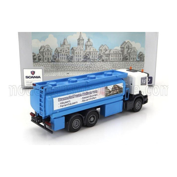 BREKINA PLAST SCANIA P124.860 TANKER TRUCK BRENNSTOFF HEIZEN VON 3-ASSI 1988 - BLUE WHITE 1/87