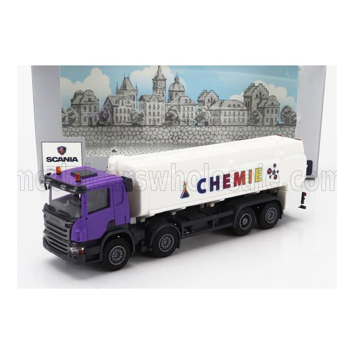 BREKINA PLAST SCANIA P124.860 TANKER TRUCK CHEMIE 3-ASSI 1988 - WHITE PURPLE 1/87