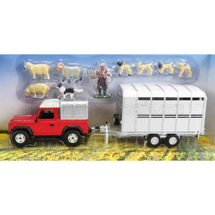 BRITAINS LAND ROVER LAND DEFENDER 90 PICK-UP CLOSED 1984 WITH LIVESTOCK TRAILER - TRASPORTO ANIMALI BESTIAME - RED SILVER 1/32