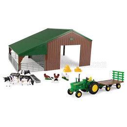 BRITAINS JOHN DEERE 4020 TRACTOR 1968 WITH ANIMALS AND FARM BUILDING - DIORAMA STALLA CON ANIMALI - GREEN 1/32