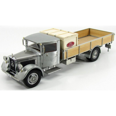 CMC MERCEDES BENZ LO2750 PLATFORM TRUCK WITH WOODEN BOX CAR TRANSPORTER 1936 - GREY WOOD 1/18