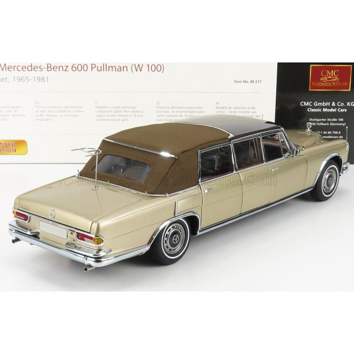 CMC MERCEDES BENZ S-CLASS 600 PULLMAN (W100) LANDAULET SOFT-TOP SEMICONVERTIBLE 1972 - GOLD MET 1/18