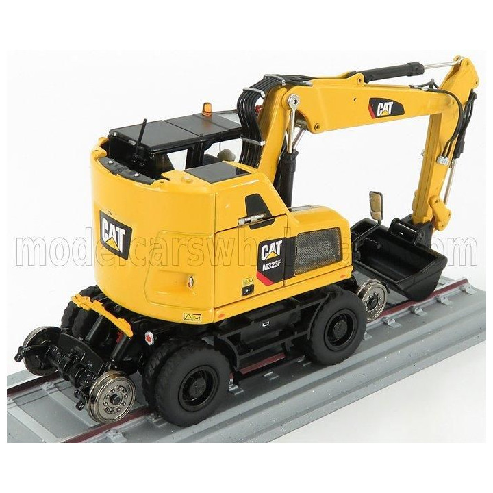 DM MODELS CATERPILLAR CATM323F ESCAVATORE GOMMATO SU ROTAIE FERROVIARIE - TRACTOR HYDRAULIC EXCAVATOR SCRAPER - YELLOW BLACK 1/5