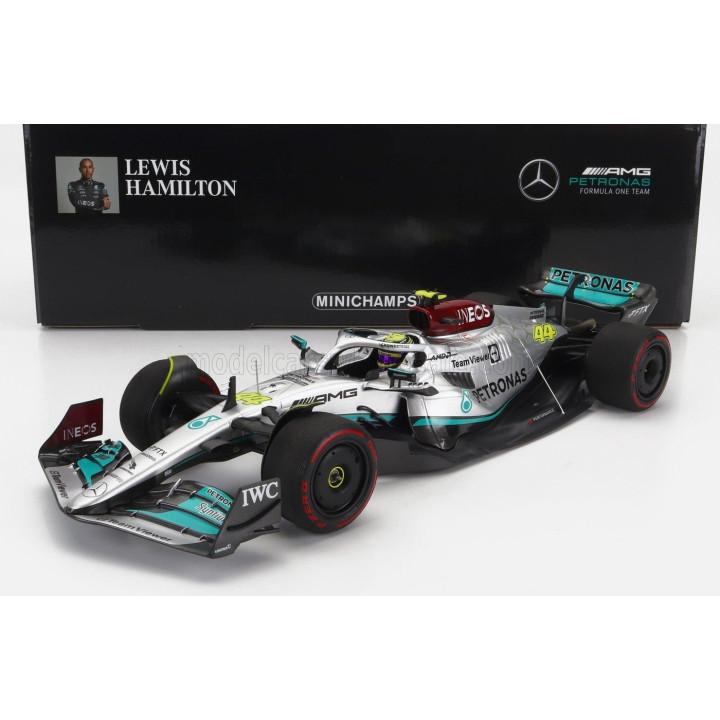 MINICHAMPS MERCEDES GP F1 W13E TEAM MERCEDES-AMG PETRONAS F1 N 44 SPAIN GP 2022 LEWIS HAMILTON - SILVER GREEN 1/18