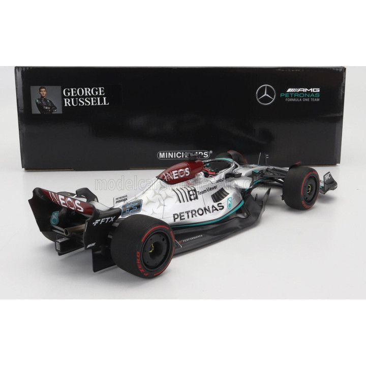 MINICHAMPS MERCEDES GP F1 W13E TEAM MERCEDES-AMG PETRONAS F1 N 63 SPAIN GP 2022 GEORGE RUSSEL - SILVER GREEN 1/18