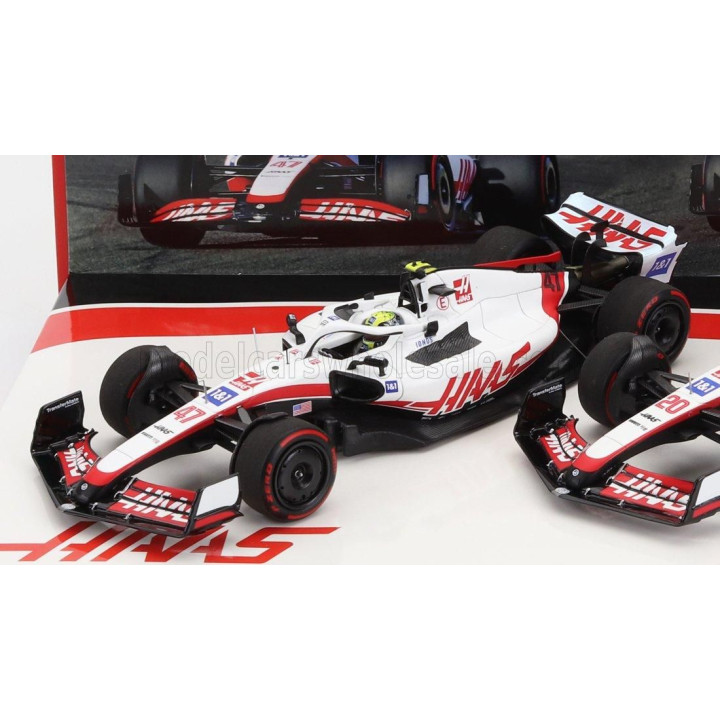 MINICHAMPS HAAS F1  SET 2X VF-22 FERRARI TEAM HAAS N 20 5th BAHRAIN GP 2022 KEVIN MAGNUSSEN + N 47 BAHRAIN GP 2022 MICK SCHUMACH