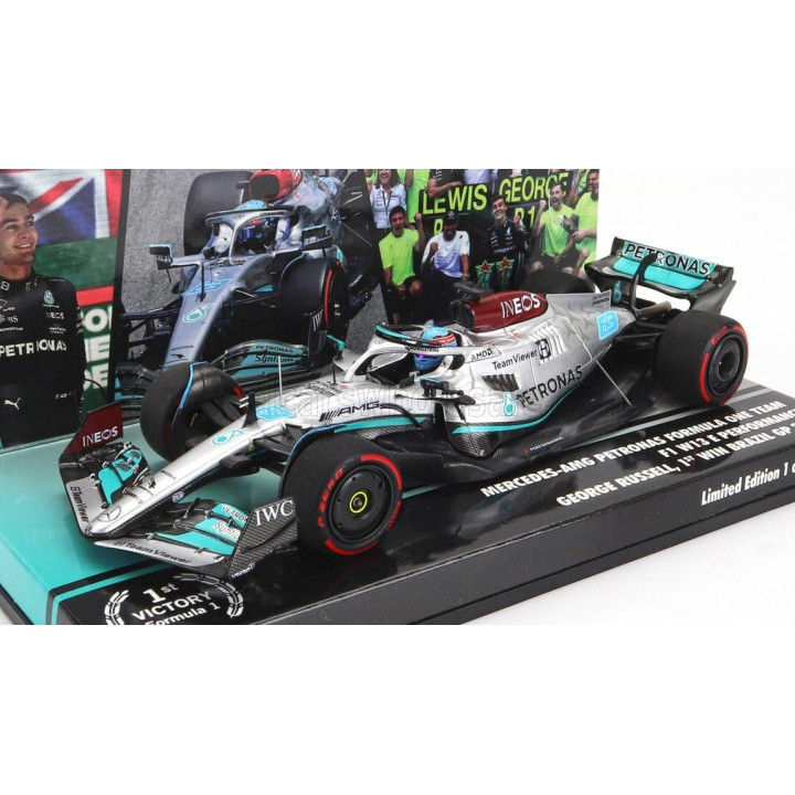 MINICHAMPS MERCEDES GP F1 W13E TEAM MERCEDES-AMG PETRONAS F1 N 63 (first f1 win) WINNER BRAZILIAN GP 2022 GEORGE RUSSEL - SILVER