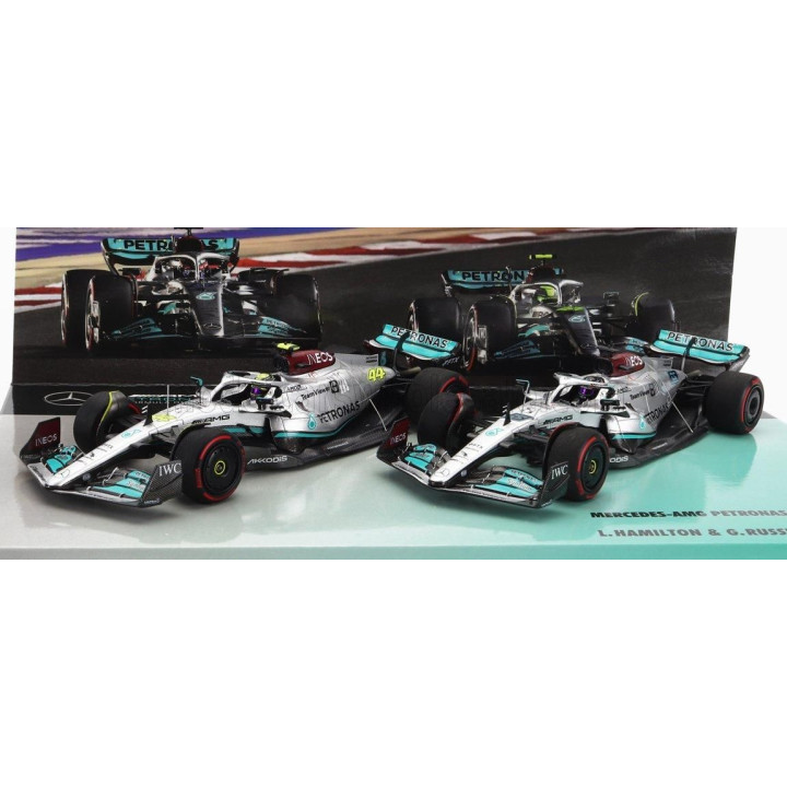 MINICHAMPS MERCEDES GP F1  SET 2X W13E TEAM MERCEDES-AMG PETRONAS F1 N 44 3rd BAHRAIN GP 2022 LEWIS HAMILTON + N 63 4th BAHRAIN 