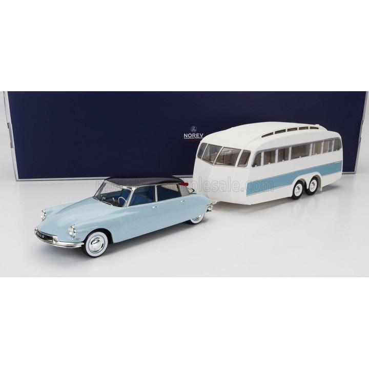 NOREV CITROEN DS19 WITH ROULOTTE 1960 - BLUE WHITE 1/18