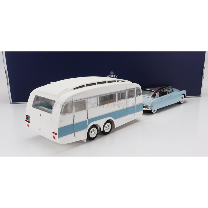 NOREV CITROEN DS19 WITH ROULOTTE 1960 - BLUE WHITE 1/18