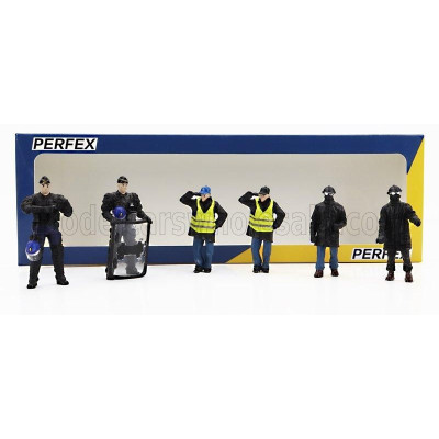 PERFEX FIGURES SET 6X POLICE GENDARMES & MANIFESTANTS GILETS JAUNES YELLOW PARIS - BLACK BLUE YELLOW 1/43