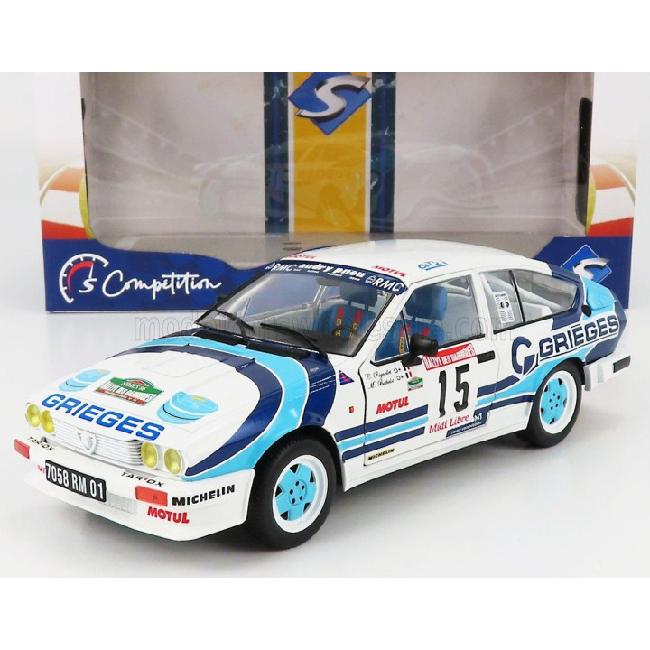 SOLIDO ALFA ROMEO ALFETTA GTV6 N 15 RALLY DES GARRIGUES 1986 C.RIGOLLET - M.BATHELOT - WHITE 2 TONE BLUE 1/18
