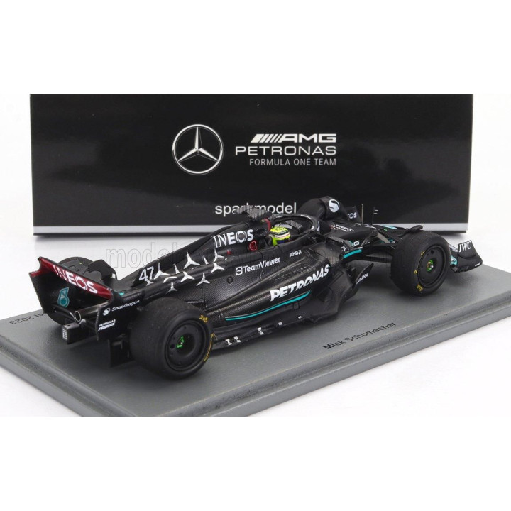 SPARK MODEL MERCEDES GP F1 W14 TEAM MERCEDES-AMG PETRONAS FORMULA ONE N 47 TIRES TEST SPAIN GP 2023 MICK SCHUMACHER - MATT BLACK