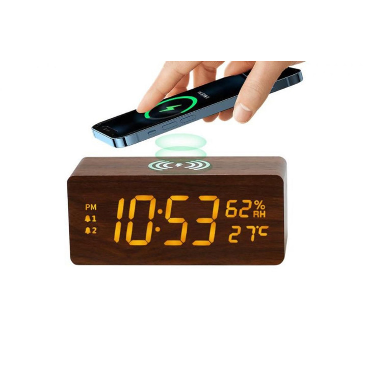 15W Multi-Function Wood Wireless Charger & Alarm & LED Clock (vč Aku)