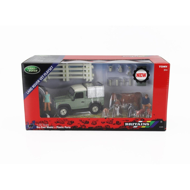 BRITAINS LAND ROVER LAND DEFENDER 90 PICK-UP CLOSED WITH ANIMALS AND FIGURES 1984 - GREEN SILVER 1/32