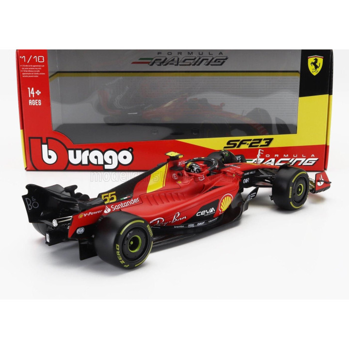 BURAGO FERRARI F1  SF-23 TEAM SCUDERIA FERRARI N 55 POLE POSITION 3rd MONZA ITALY GP 2023 CARLOS SAINZ - RED BLACK YELLOW 1/18