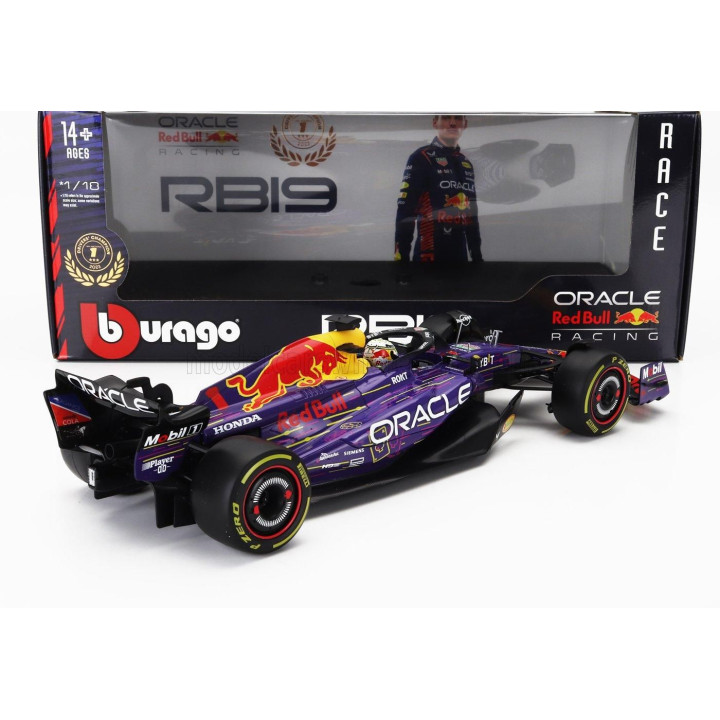 BURAGO RED BULL F1  RB19 TEAM ORACLE RED BULL RACING N 1 WORLD CHAMPION WINNER LAS VEGAS USA GP 2023 MAX VERSTAPPEN - PURPLE YEL