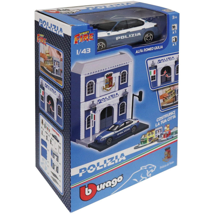 BURAGO ACCESSORIES DIORAMA - SET BUILD YOUR CITY POLICE STATION - CASERMA POLIZIA - WITH ALFA ROMEO GIULIA 2015 - LIGHT BLUE WHI
