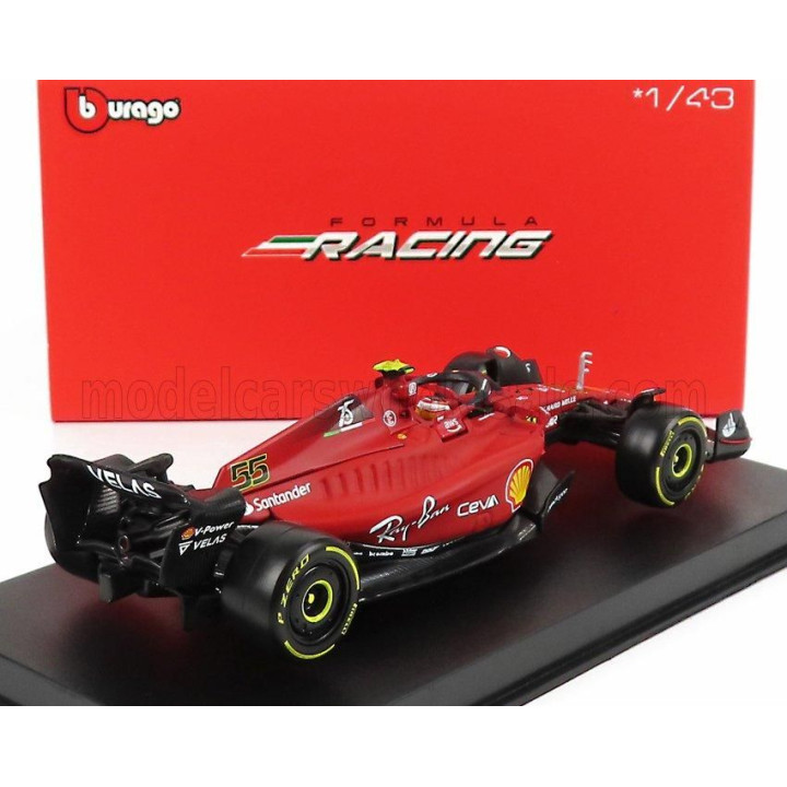 BURAGO FERRARI F1-75 SCUDERIA FERRARI N 55 SEASON 2022 CARLOS SAINZ WITH HELMET AND PLASTIC SHOWCASE - EXCLUSIVE CARMODEL - RED 