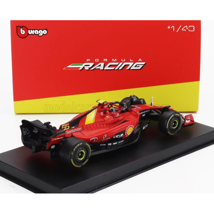 BURAGO FERRARI F1  SF-23 TEAM SCUDERIA FERRARI N 55 POLE POSITION 3rd MONZA ITALY GP 2023 CARLOS SAINZ - WITH PILOT AND SHOWCASE