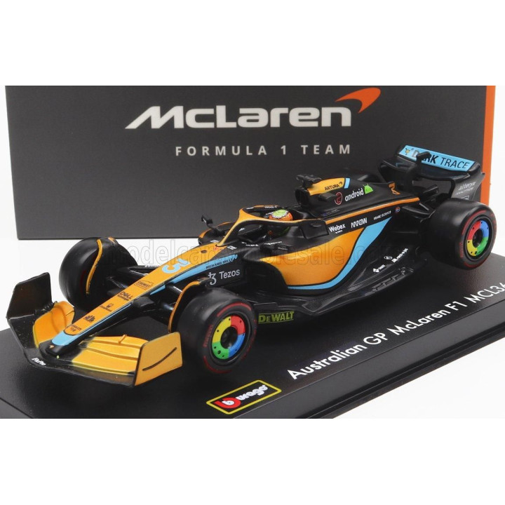 BURAGO McLAREN F1  MCL36 TEAM MCLAREN N 3 AUSTRALIAN GP 2022 DANIEL RICCIARDO - WITH HELMET AND PLASTIC SHOWCASE - ORANGE LIGHT 