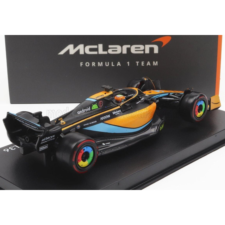 BURAGO McLAREN F1  MCL36 TEAM MCLAREN N 3 AUSTRALIAN GP 2022 DANIEL RICCIARDO - WITH HELMET AND PLASTIC SHOWCASE - ORANGE LIGHT 