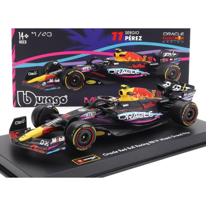 BURAGO RED BULL F1  RB19 TEAM ORACLE RED BULL RACING N 11 2nd MIAMI GP 2023 SERGIO PEREZ - WITH HELMET AND PLASTIC SHOWCASE - MA