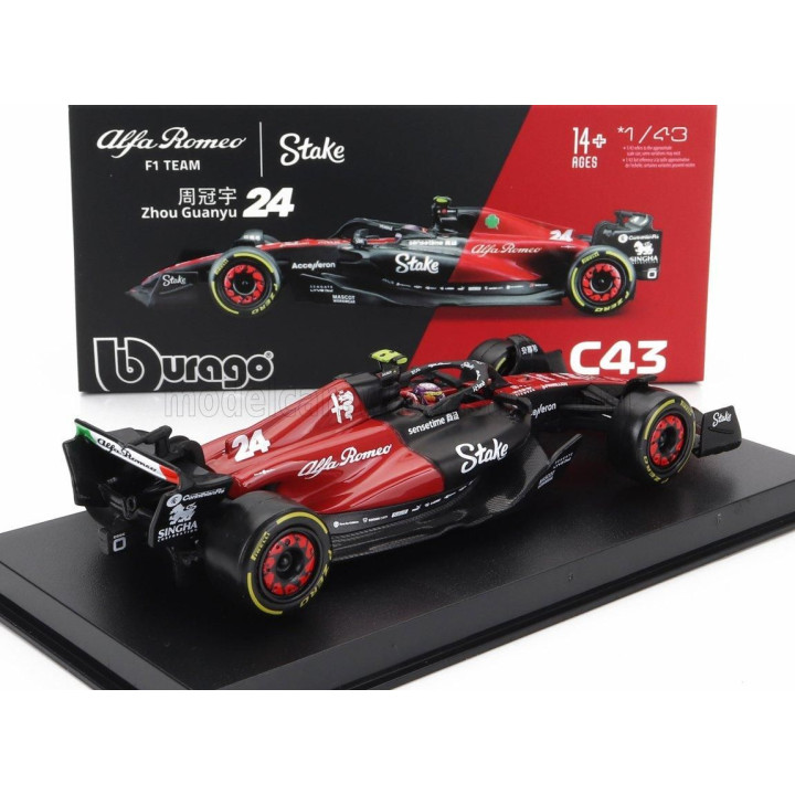 BURAGO ALFA ROMEO F1  C43 TEAM STAKE N 24 SEASON 2023 GUANYU ZHOU - CON PILOTA E VETRINA - WITH PILOT AND SHOWCASE - EXCLUSIVE C