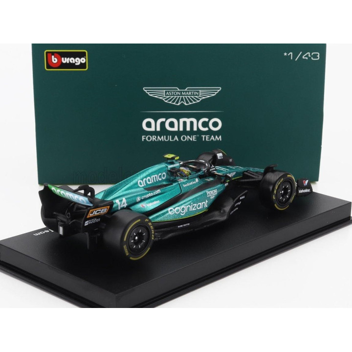 BURAGO ASTON MARTIN F1  AMR23 TEAM ARAMCO COGNIZANT N 14 SEASON 2023 FERNANDO ALONSO - WITH PILOT AND SHOWCASE - GREEN 1/43