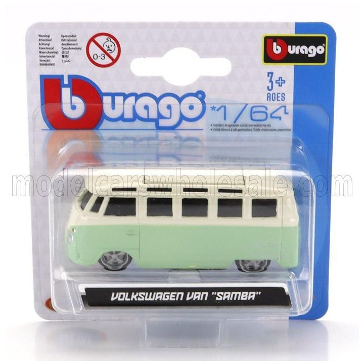 BURAGO VOLKSWAGEN T1 SAMBA MINIBUS 1962 CUSTOM 1965 - GREEN CREAM 1/64