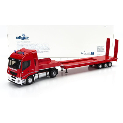 ELIGOR IVECO FIAT STRALIS 480XP TRUCK RIMORCHIO PIANALE TRASPORTO MEZZI MOVIMENTO TERRA VIGILI DEL FUOCO 2016 - RED 1/43