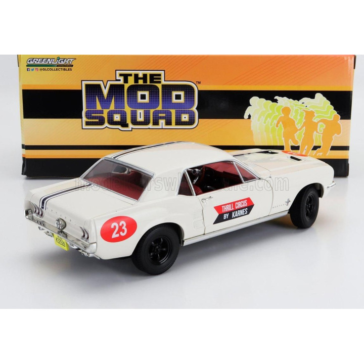 GREENLIGHT FORD USA MUSTANG COUPE N 23 THRILL CIRCUS BY KARNES 1967 - THE MOD SQUAD - WHITE 1/18