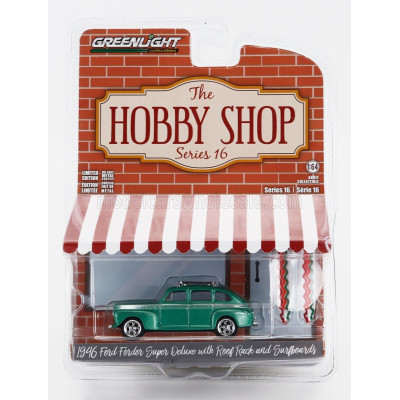 GREENLIGHT FORD USA FORDOR SUPER DELUXE WITH SURFBOARD 1946 - GREEN 1/64