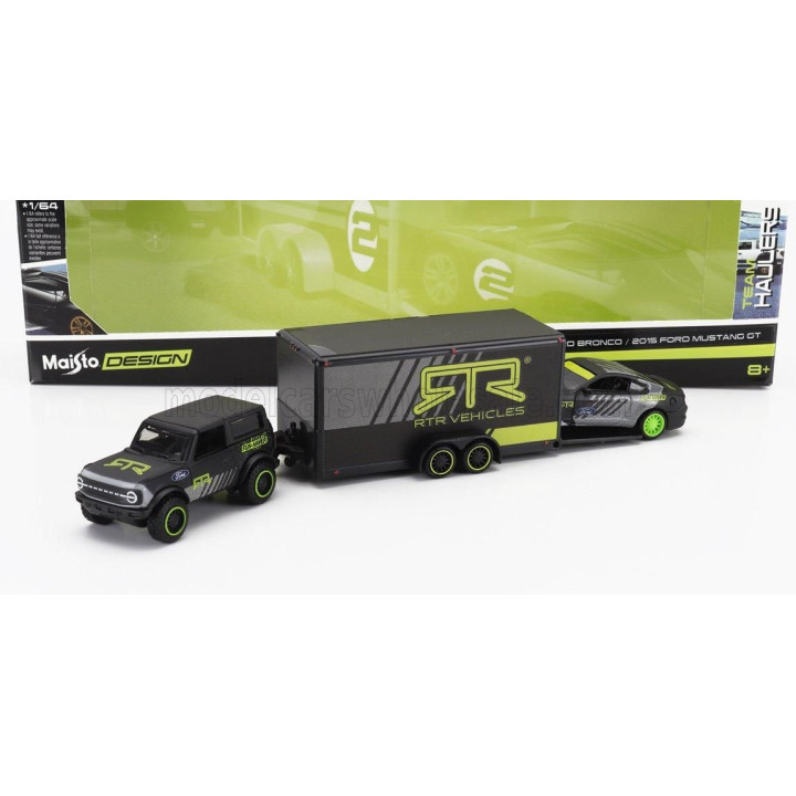 MAISTO FORD USA BRONCO 2021 WITH TRAILER CAR TRANSPORTER + MUSTANG GT COUPE RTR VEHICLES 2015 - GREY YELLOW 1/64