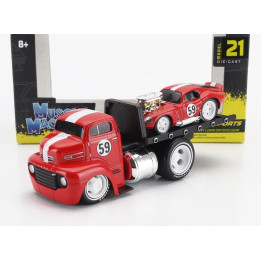 MAISTO FORD USA COE FLATBED TRUCK CAR TRANSPORTER WITH SHELBY DAYTONA COUPE N 59 CUSTOM 1965 - RED WHITE 1/64