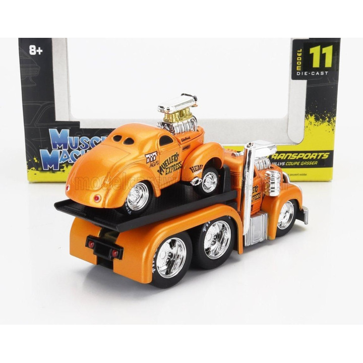 MAISTO MACK B-61 FLATBED TRUCK CAR TRANSPORTER 1953 WITH WILLYS COUPE GASSER CUSTOM 1941 - ORANGE MET 1/64